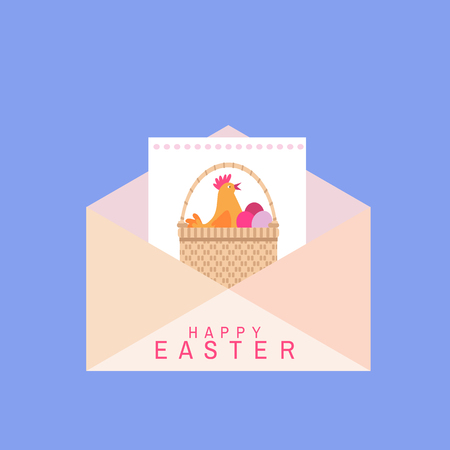 Happy Easter. Holiday  letter concept. Big envelope with  easter chicken and spring flowers, leaves. Cute spring background, banner design in flat cartoon style. Vector.のイラスト素材