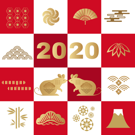 Happy chinese new 2020  year, year of the rat.    Template banner, poster in oriental style. Japanese, chinese elements. Vector illustration.のイラスト素材