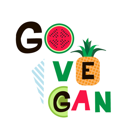 Go vegan. Doodle Food Banner. Vegan text on the  fruits labels for natural products. Vegan restaurant, cafe, home decor. Ready vector template.  Vector illustration.のイラスト素材