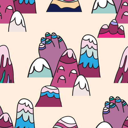 Cute seamless pattern with a mountain landscape, clouds. Nordic nature landscape concept. Perfect for kids fabric, textile, nursery wallpaper.Scandinavian design in flat cartoon style.  Vector illustration.のイラスト素材