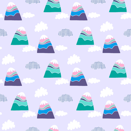 Cute seamless pattern with a mountain landscape, clouds. Nordic nature landscape concept. Perfect for kids fabric, textile, nursery wallpaper.Scandinavian design in flat cartoon style.  Vector illustration.のイラスト素材