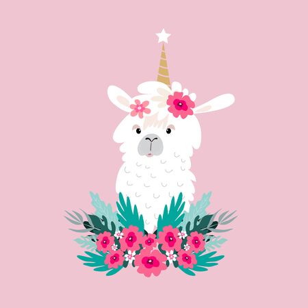 Awesome  cute lama in flat cartoon style. Flower wreath. Make your own magic. Kids illustration for design prints, cards and birthday invitations. Vector illustration.のイラスト素材