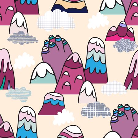 Cute seamless pattern with a mountain landscape, clouds. Nordic nature landscape concept. Perfect for kids fabric, textile, nursery wallpaper.Scandinavian design in flat cartoon style.  Vector illustration.のイラスト素材
