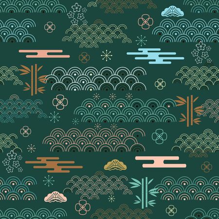 Beautiful japanese seamless pattern with clouds, waves. Japanese, chinese elements. Vector seamless asian texture. For printing on packaging, textiles, paper,fabric,  manufacturing, wallpapers.のイラスト素材