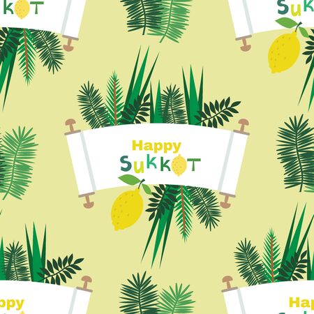 Happy Sukkot- template  seamless pattern for textile, paper. Jewish Feast of Tabernacles with sukkah, lemon, etrog, lulav, Arava, Hadas. Vector illustration.のイラスト素材