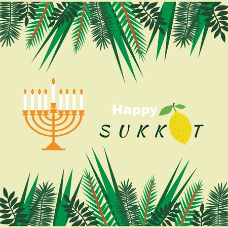 Happy Sukkot- template poster, banner. Jewish Feast of Tabernacles with sukkah, lemon, etrog, lulav, Arava, Hadas. Isolated on white background. Vector illustration.のイラスト素材