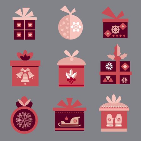 Merry Christmas  set elements.   Merry Christmas and Happy New year. Cute  set of different gift boxes. Flat design. for web banner, invitation,  greeting cards  in  flat style.のイラスト素材