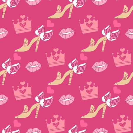 Happy Valentine's Day beautiful  romantic seamless pattern with hearts, lips and crown. Holiday design, greeting card,  gift card, wedding invitation. Valentines Day background. Vector illustration.のイラスト素材