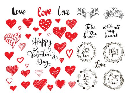 Happy Valentine's Day big set  cute elements.  Holiday  design, greeting cards, love creative concept, gift card, wedding invitation. Valentines Day  background. Vector illustration. EPS 10のイラスト素材