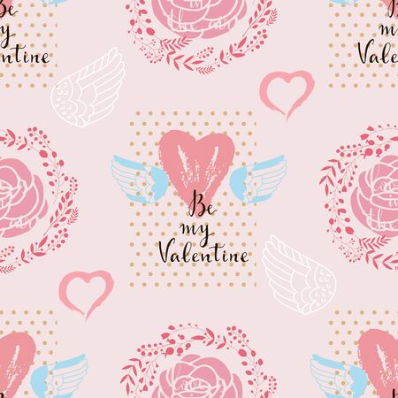 Happy Valentine's Day beautiful  romantic seamless pattern with hearts, lettering and crown . Holiday design, greeting cards, love creative concept, wedding invitation. Valentines Day  background. Vector illustrationのイラスト素材