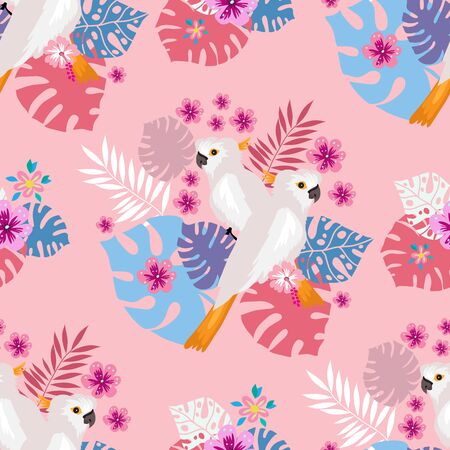 Seamless pattern with tropical parrots. Colorful exotic Birds, leaves, flowers, plants and branches art print for textile, fabric, covers, fashion.のイラスト素材