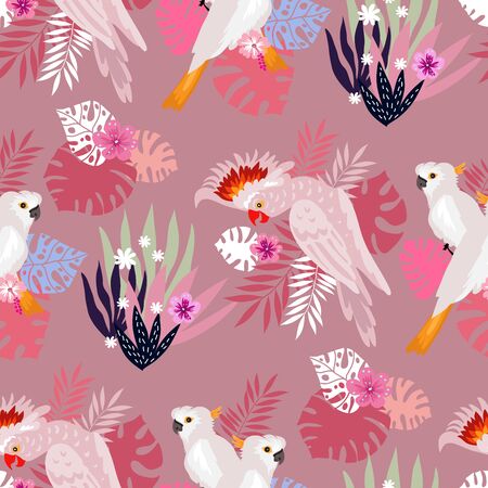 Seamless pattern with tropical parrots. Colorful exotic Birds, leaves, flowers, plants and branches art print for textile, fabric, covers, fashion.のイラスト素材