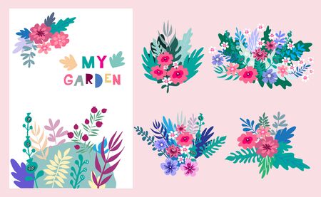 Colorful  fantasy  bouquets  in cartoon style  on  pastel  background.  Greeting Floral  template postcard, banner, wedding invitation,  poster. Vector cute illustration.のイラスト素材