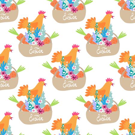 Happy Easter. Beautiful festive seamless pattern with  easter elements , and funny  letter. Cute spring background, banner design in flat cartoon style. Vector.のイラスト素材