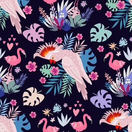 Seamless pattern with tropical parrots. Colorful exotic Birds, leaves, flowers, plants and branches art print for textile, fabric, covers, fashion.  EPS 10のイラスト素材