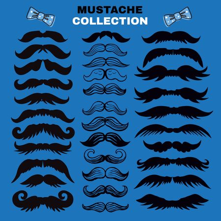 Funny  collection  with mustache. Father's day. Cute vector set  in flat cartoon style. For your design, posters, textile, wedding invitation.  Vector illustration.のイラスト素材