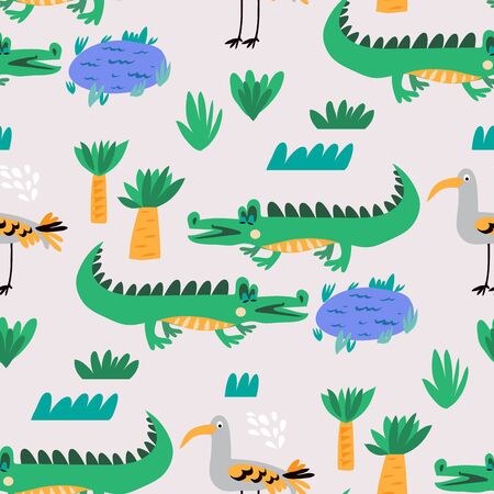 Seamless childish pattern with cute alligators. Use for textile, fabric, wallpaper,  kids apparel, poster,  surface design, fashion kids wear, baby shower. Vector doodle  illustration for kids.のイラスト素材