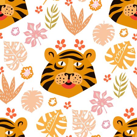 Seamless childish pattern with cute tiger. Use for textile, fabric, wallpaper,  kids apparel, wall art, poster,  surface design, fashion kids wear, baby shower. Vector doodle  illustration for kids.のイラスト素材