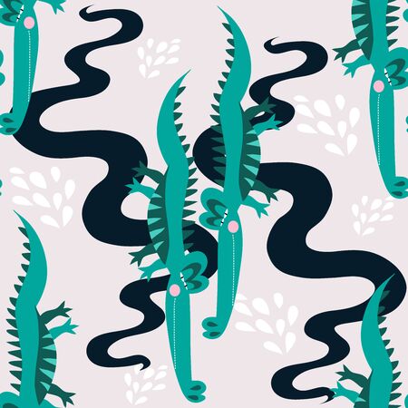 Seamless childish pattern with cute alligators. Use for textile, fabric, wallpaper,  kids apparel, poster,  surface design, fashion kids wear, baby shower. Vector doodle  illustration for kids.のイラスト素材