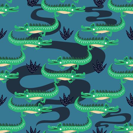 Seamless childish pattern with cute alligators. Use for textile, fabric, wallpaper,  kids apparel, poster,  surface design, fashion kids wear, baby shower. Vector doodle  illustration for kids.のイラスト素材
