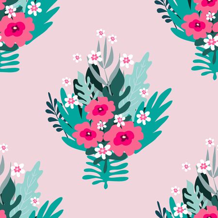 Beautiful  flower seamless pattern with  hearts  and  delicate art bouquets. Meadow  millefleurs .Floral background for textile, fabric,  wallpaper, pattern fills, covers, surface, print, wrap, scrapbookingのイラスト素材