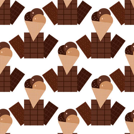 Seamless pattern with  ice cream,  waffle, sweet cupcakes, pies and tortes, chocolate ice cream and fruit muffins, desserts and pastry cakes. Vector illustration in flat cartoon style.のイラスト素材