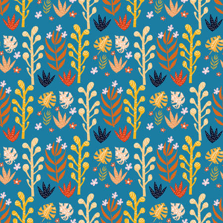 Beautiful cute seamless pattern with savanna flowers. Tropical flowers background. Cute vector elements in flat cartoon style. For your design, textile, fabric, posters, texture, wallpaper, kids. Vector illustration.のイラスト素材