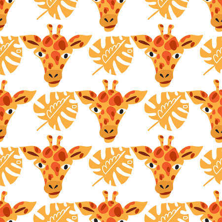 Cute seamless pattern with giraffe in cartoon style. Floral savanna, jungle background, Kids illustration for design prints, textile, fabric, wallpapers. Vector illustration.のイラスト素材