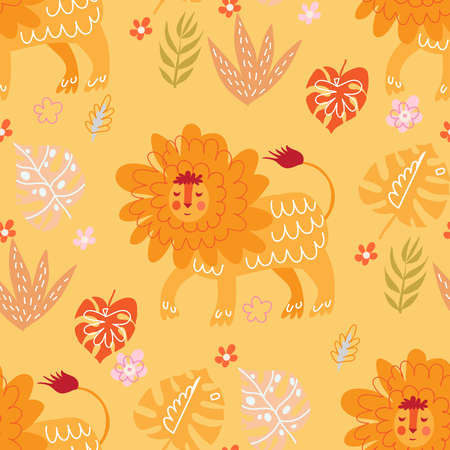 Cute cartoon childish seamless pattern with lion in scandinavian style.  Doodle illustration for kids.のイラスト素材