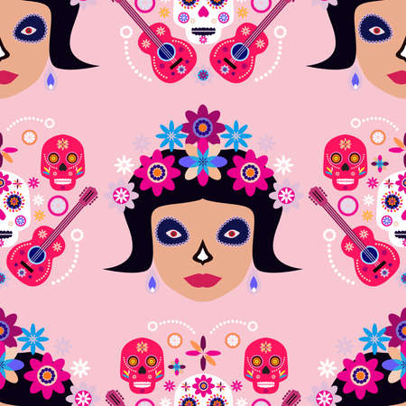 Mexican seamless pattern, sugar skulls and flowers Template for mexican celebration, traditional mexico skeleton decoration.のイラスト素材