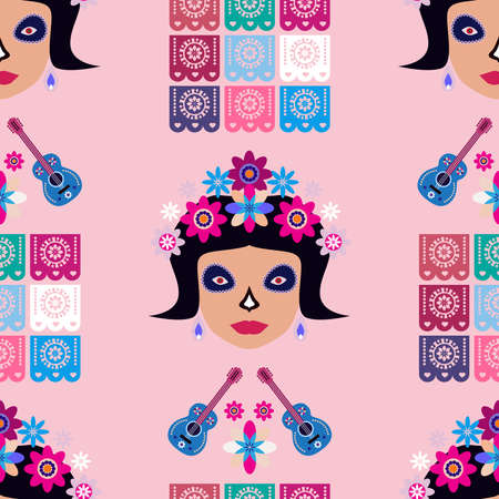 Mexican seamless pattern, sugar skulls and flowers Template for mexican celebration, traditional mexico skeleton decoration. Dia de Los Muertos, Day of the Dead Halloween Vector illustrationのイラスト素材