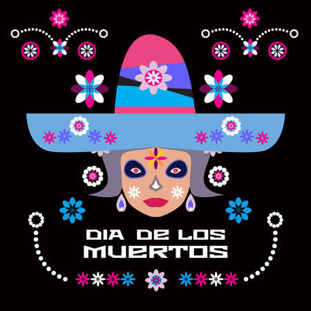 Dia de Los Muertos, Day of the Dead or Halloween greeting card, banner, invitation. Sugar tatoo skulls, candle, maracas, guitar, sombrero and marigold flowers, Catrina Calavera traditional mexico skeleton decoration Vector illustration.のイラスト素材