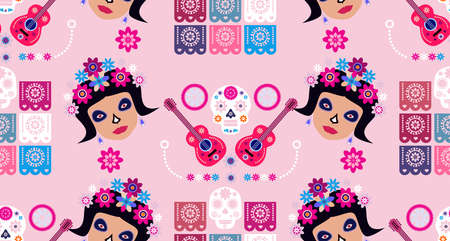 Mexican seamless pattern, Catrina Calavera sugar skulls and marigold flowers. Template for mexican celebration, traditional mexico skeleton decoration. Dia de Los Muertos, Day of the Dead Halloween Vector illustrationのイラスト素材