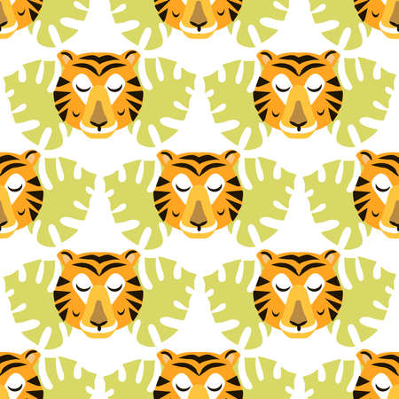 Seamless childish pattern with cute tiger Use for textile, fabric, wallpaper, kids apparel, wall art, poster, surface design, fashion kids wear, baby shower. Vector doodle illustration for kidsのイラスト素材