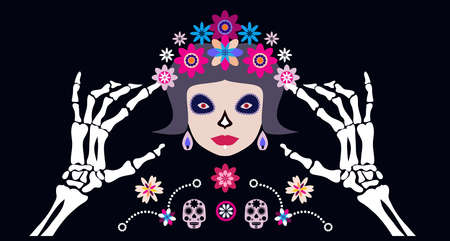 Dia de Los Muertos, Day of the Dead or Halloween greeting card, banner, invitation. Sugar tatoo skulls, candle, maracas, guitar, sombrero and marigold flowers, Catrina Calavera traditional mexico skeleton decoration illustration.のイラスト素材