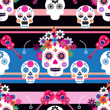 Mexican seamless pattern, sugar skulls and colorful flowers. Template for mexican celebration, traditional mexico skeleton decoration. Dia de Los Muertos, Day of the Dead. Vector illustration.のイラスト素材