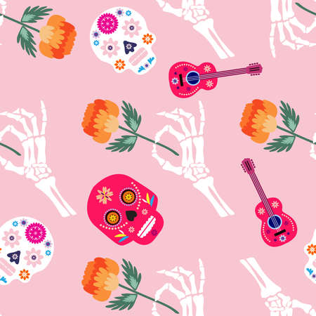 Mexican seamless pattern, sugar skulls and colorful flowers. Template for mexican celebration, traditional mexico skeleton decoration. Dia de Los Muertos, Day of the Dead. Vector illustration.のイラスト素材