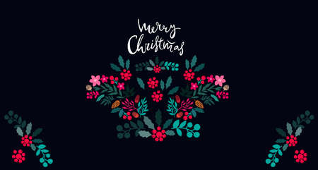 Happy Merry Christmas lettering Template Christmas card with flowers wreath, frames. Festive christmas background Unique handrawn winter design for creeting cards, invitation Vector illustrationのイラスト素材
