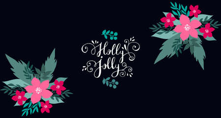 Happy Merry Christmas lettering Template Christmas card with flowers wreath, frames. Festive christmas background Unique handrawn winter design for creeting cards, invitation Vector illustrationのイラスト素材