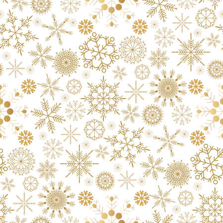 Christmas seamless pattern with golden snowflakes. Merry Christmas and Happy New Year. Beautiful holiday Template background, packaging paper, cover, fabric, textile, web sait. Vector illustrationのイラスト素材