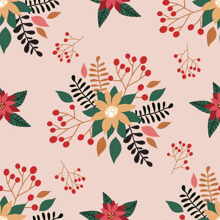 Merry Christmas winter floral holiday art background. Hand drawn Christmas seamless pattern with poinsettia and flowers. Vector illustration.のイラスト素材