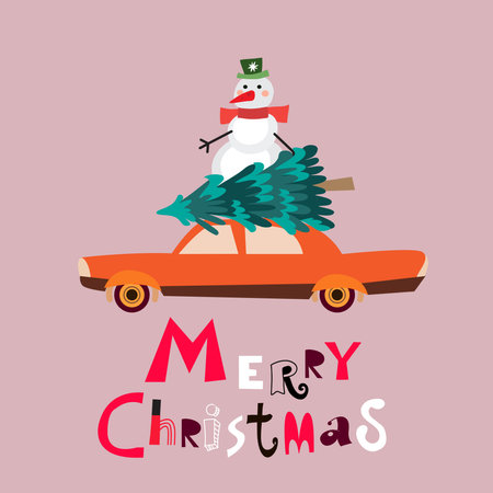 Christmas car, snowman with fir tree and gift boxes in flat cartoon style. New year delivery. Merry Christmas text slogan. Cute design for party invitation, holiday poster design, Vector illustration.のイラスト素材