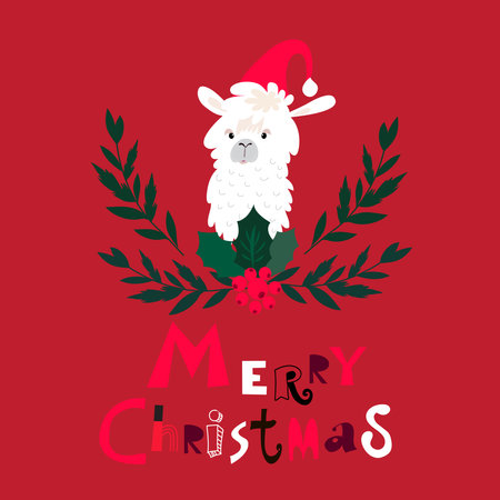 Merry Cristmas card with lama and floral wreath. Christmas hat. Cute christmas animal. Vector illustration in flat cartoon style.のイラスト素材