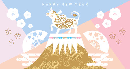 Happy chinese new 2021 year, year of the ox, bull, cow. Japanese characters translation: "Ox" Asian elements. Vector flat illustration.のイラスト素材