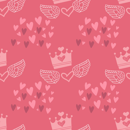 Awesome gentle baby seamless pattern with crown, heart, star. Perfect for textile, fabric, cover, baby shover, paper, wall art. Vector cute illustration.のイラスト素材