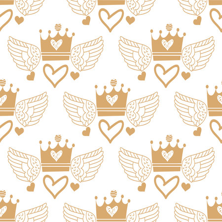 Awesome gentle baby seamless pattern with crown, heart, star. Perfect for textile, fabric, cover, baby shover, paper, wall art. Vector cute illustration.のイラスト素材