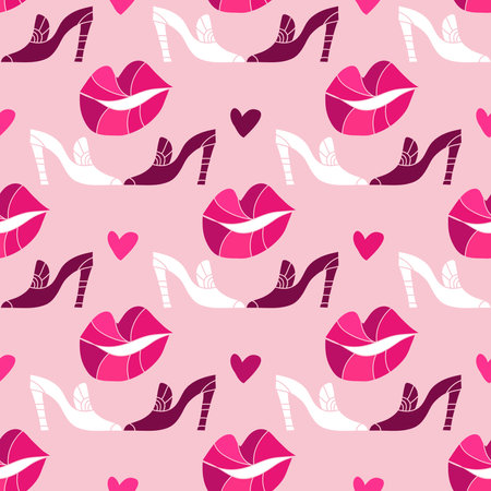Red Lips seamless pattern. Awesome ornament for textile, fabric, cover, t shirts, posters, cards. Happy Valentines Day. Vector fashion flat cartoon illustration.のイラスト素材