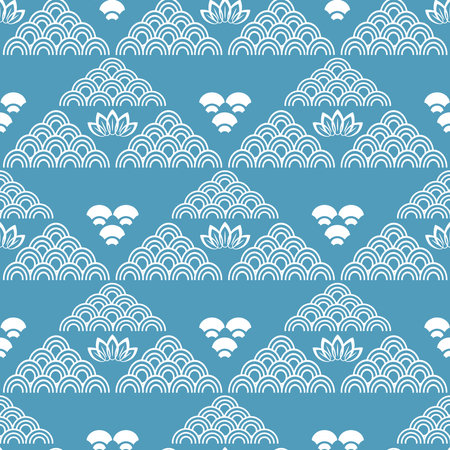Beautiful japanese seamless pattern with clouds, waves. Japanese, chinese elements. Vector seamless asian texture.のイラスト素材