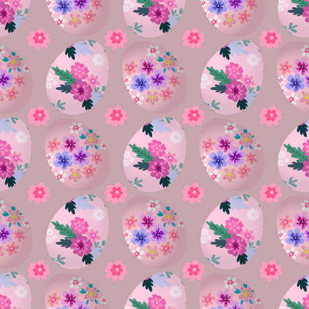Happy Easter. Beautiful festive seamless pattern with easter eggs, spring meadow flowers. Cute spring floral background, paper, textile. Vector illustration.のイラスト素材