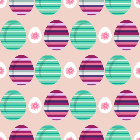 Happy Easter. Beautiful festive seamless pattern with easter eggs, spring meadow flowers. Cute spring floral background, paper, textile, covers, banner. Vector illustration.のイラスト素材